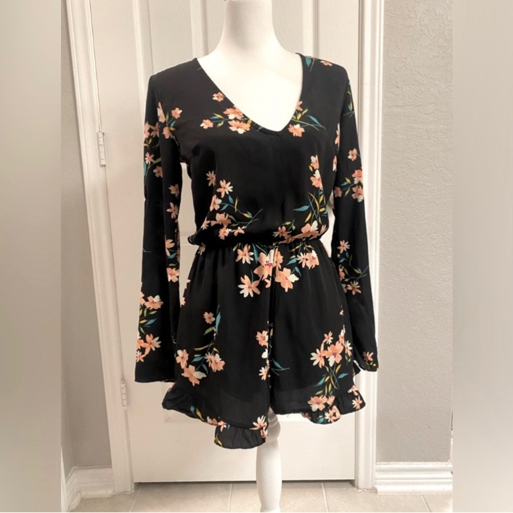 Anthropologie Black Floral Long-Sleeve Romper